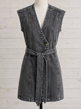 Sleeveless Black Wash Denim Mini Belted Wrap Dress Size Medium by Sewn + Seen